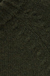 Close-up of a dark olive green knit fabric texture with a ribbed pattern.