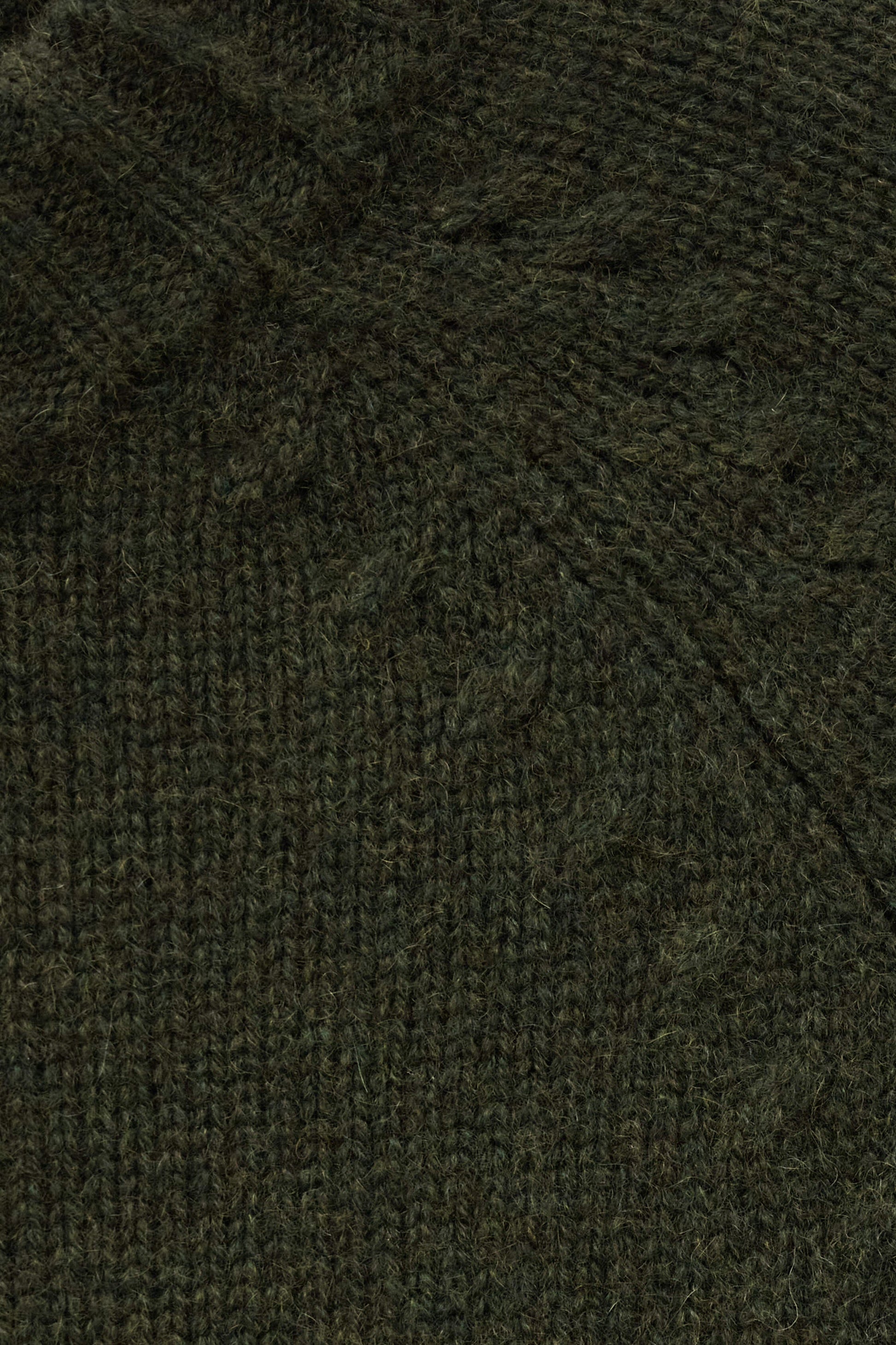 Close-up of a dark olive green knit fabric texture with a ribbed pattern.