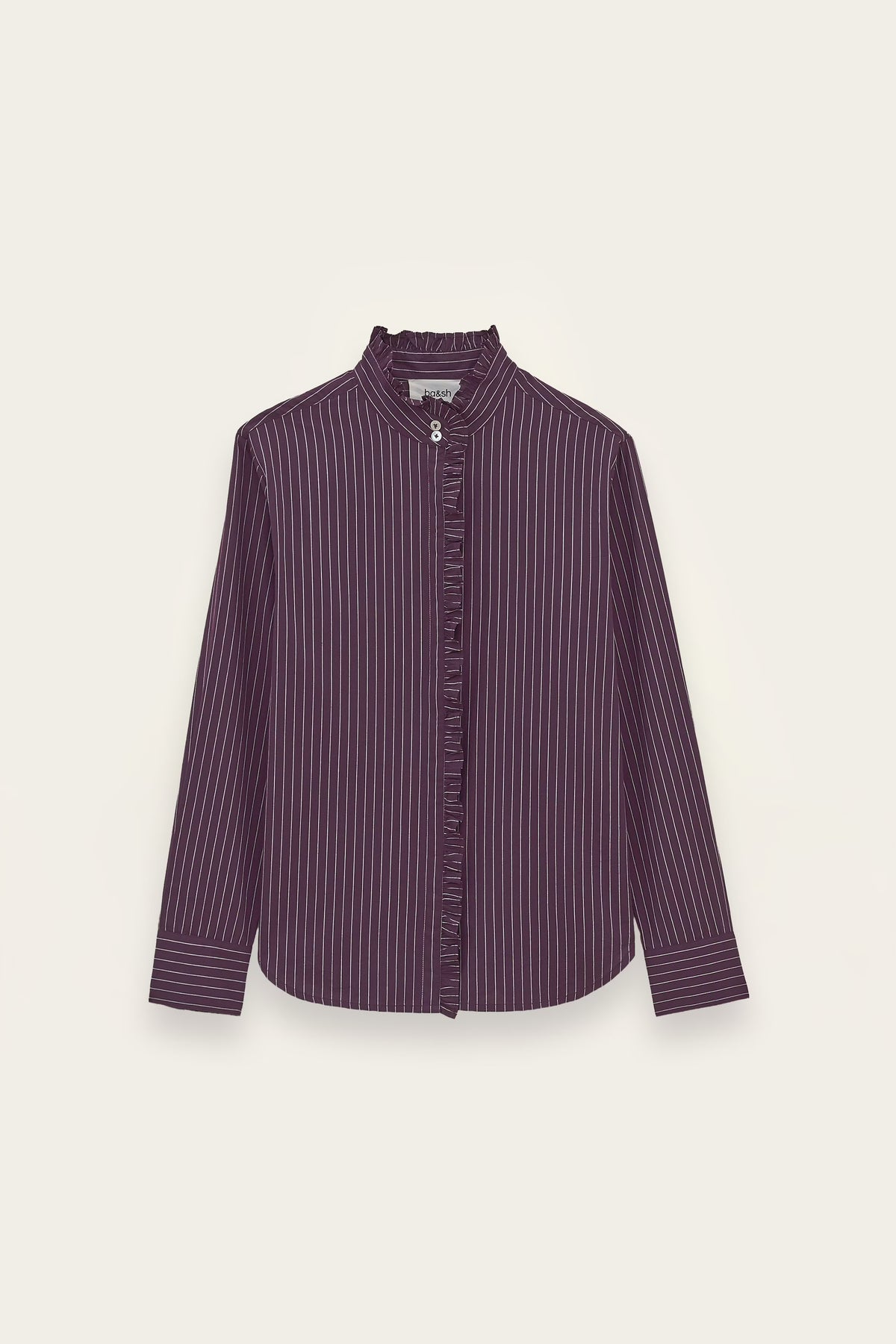 A long-sleeve button-up shirt in a deep purple color with thin white vertical pinstripes, featuring a high stand collar and a decorative ruffled trim down the front placket, shown against a light off-white background.