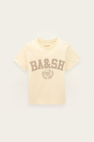 A cream-colored short-sleeve t-shirt with a brown 'BA&SH' collegiate-style graphic on the front, displayed against a light off-white background.