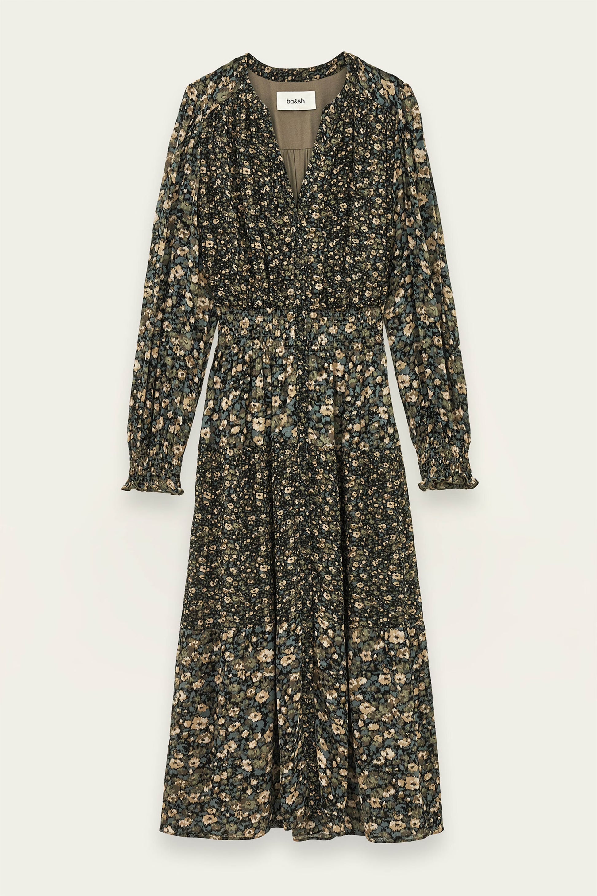 A long-sleeve midi dress with a dark green base and a dense beige and light green floral print, featuring a V-neckline and a gathered waist, shown against a light off-white background.