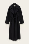 A long dark blue wool-blend coat with a tie belt, wide lapels, and front patch pockets, shown flat against a light off-white background.