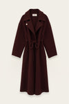 A dark burgundy wool-blend coat with a tie belt and notched lapels, shown flat against a light off-white background.