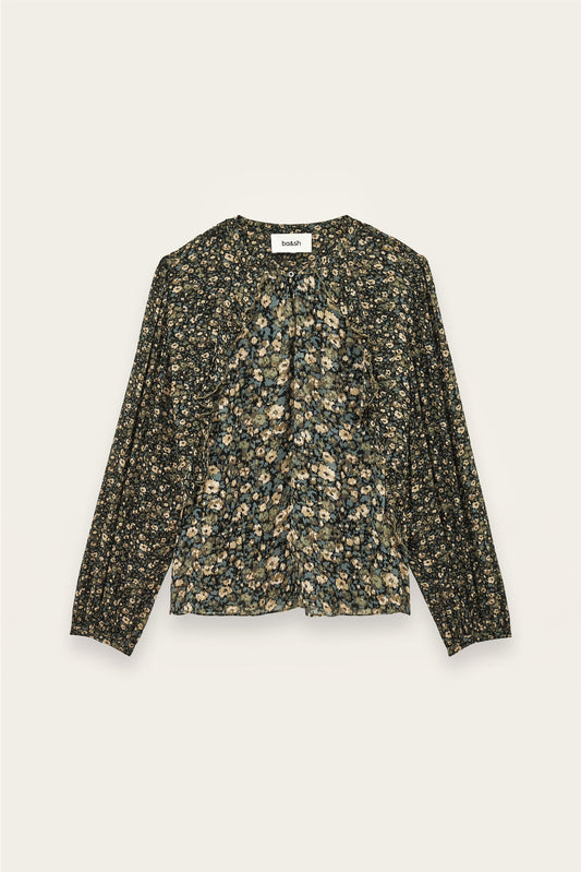A long-sleeve blouse with a dense small floral print in olive green, beige, and cream, laid flat against a light beige background.