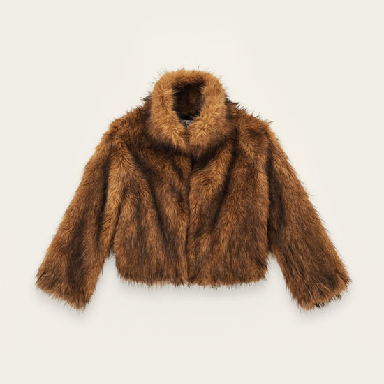 A brown faux fur jacket with a high collar and long sleeves, displayed flat against a light cream background.