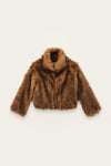 A brown faux fur jacket with a high collar and long sleeves, displayed flat against a light cream background.
