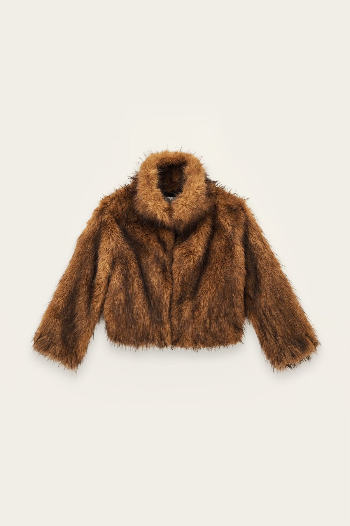 A brown faux fur jacket with a high collar and long sleeves, displayed flat against a light cream background.