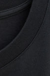Close-up detail of a black crew-neck t-shirt showing the ribbed collar and inner neck lining.