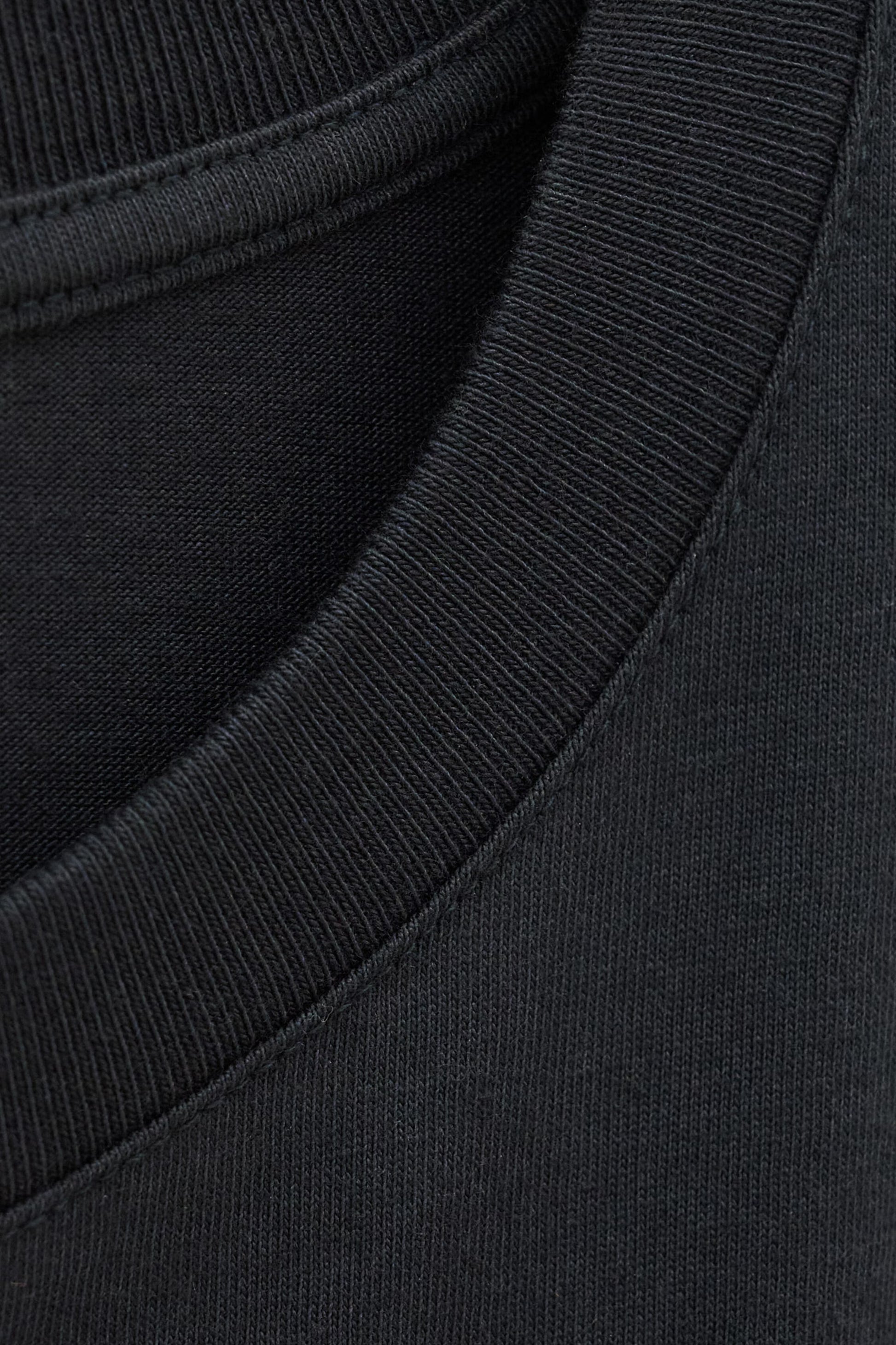 Close-up detail of a black crew-neck t-shirt showing the ribbed collar and inner neck lining.