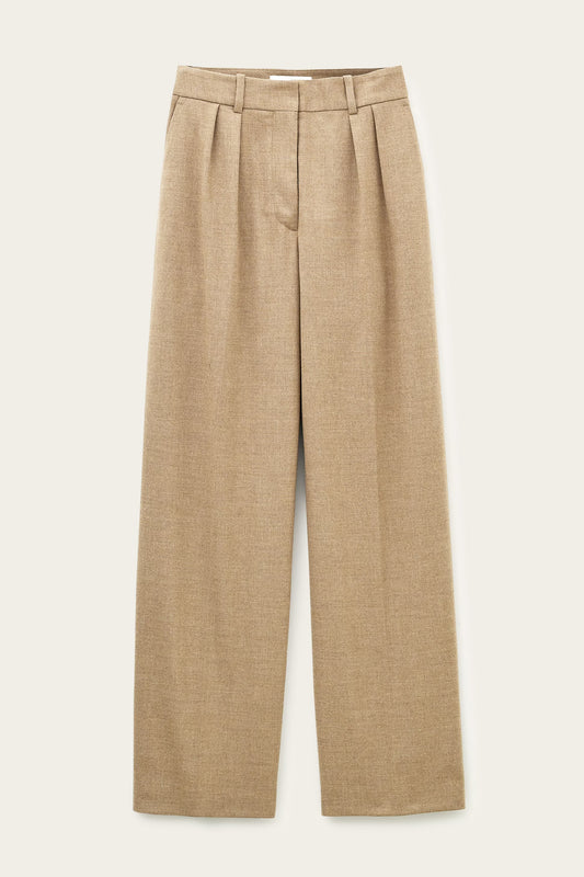 Beige tailored trousers on a white background