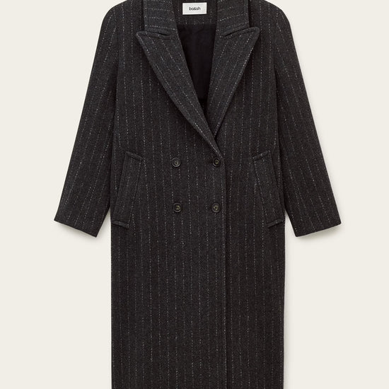 Grey pinstripe wool coat on a white background