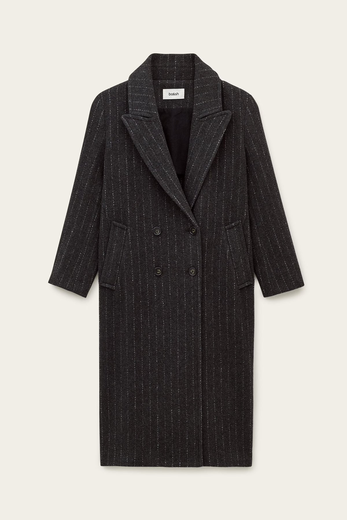 Grey pinstripe wool coat on a white background