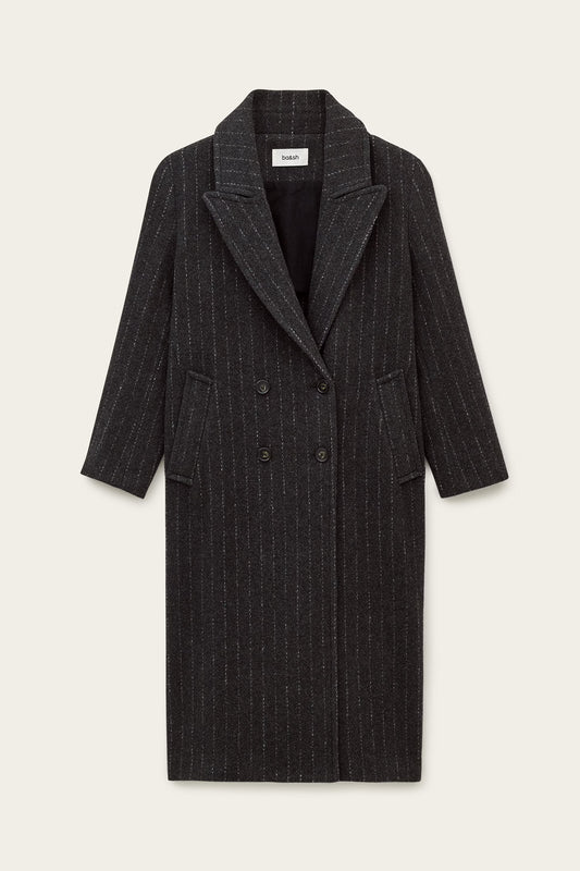 Grey pinstripe wool coat on a white background