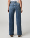 Rear view of a person wearing blue wide-leg jeans with a white top, standing against a light gray studio background.