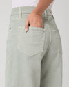 Person wearing light green wide-leg paige jeans on a white background close up
