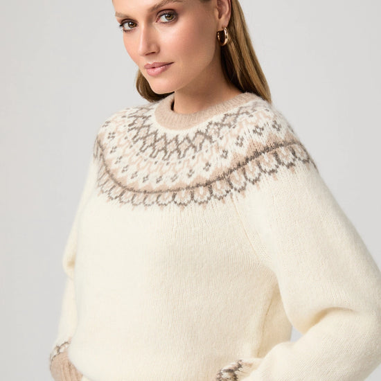 round neck ivory jumper with fairisle pattern along the neckline and cuffs from paige model shot