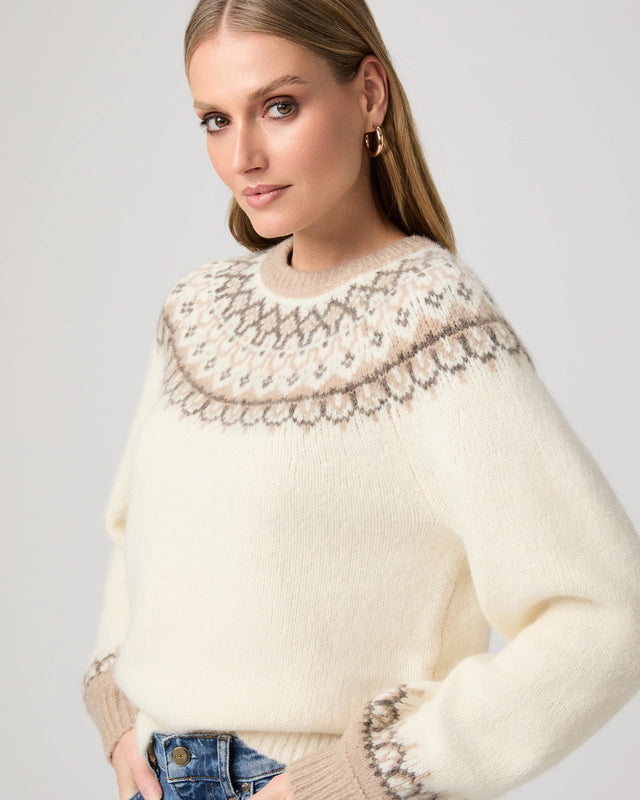 round neck ivory jumper with fairisle pattern along the neckline and cuffs from paige model shot