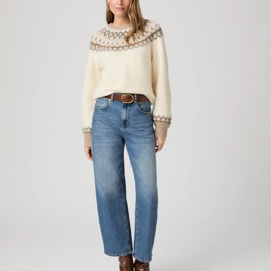 round neck ivory jumper with fairisle pattern along the neckline and cuffs from paige model shot