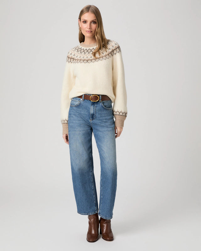 round neck ivory jumper with fairisle pattern along the neckline and cuffs from paige model shot