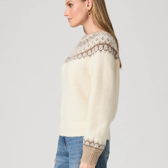 round neck ivory jumper with fairisle pattern along the neckline and cuffs from paige side view