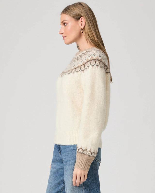 round neck ivory jumper with fairisle pattern along the neckline and cuffs from paige side view
