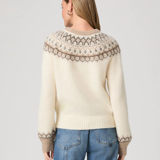 round neck ivory jumper with fairisle pattern along the neckline and cuffs from paige rear view