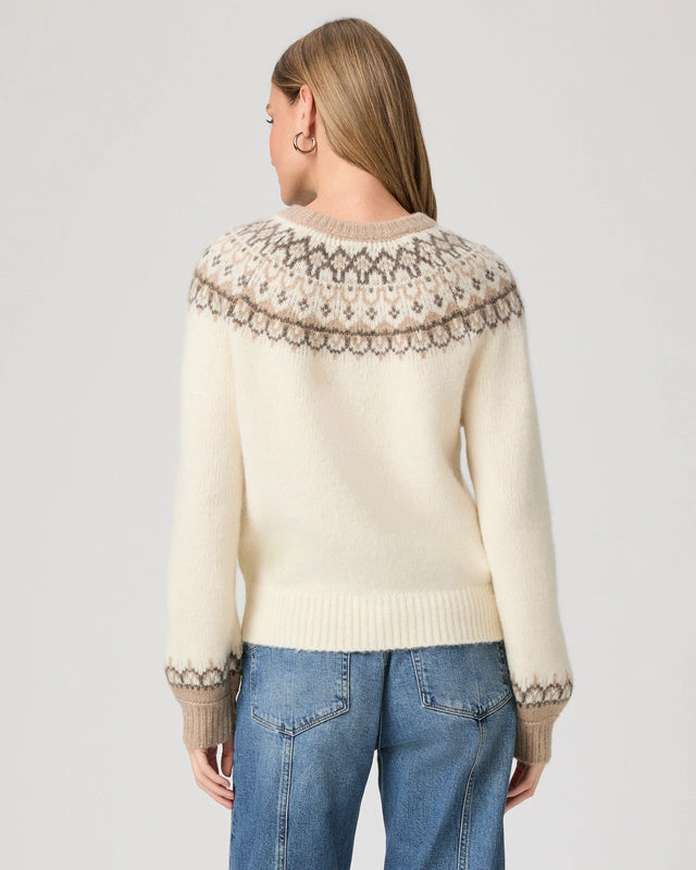 round neck ivory jumper with fairisle pattern along the neckline and cuffs from paige rear view