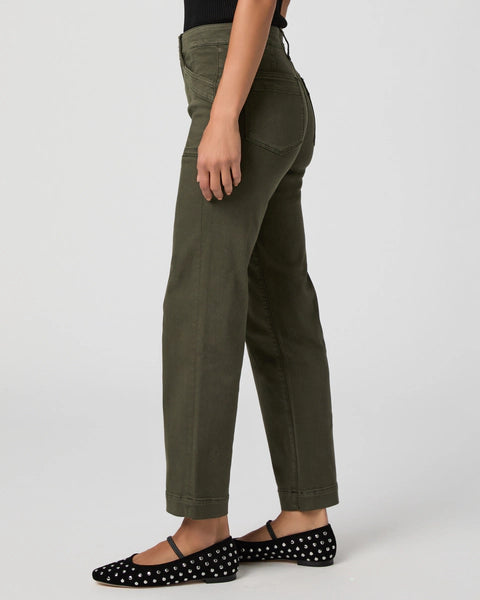 straight leg vintage green jeans with cargo style pockets side view