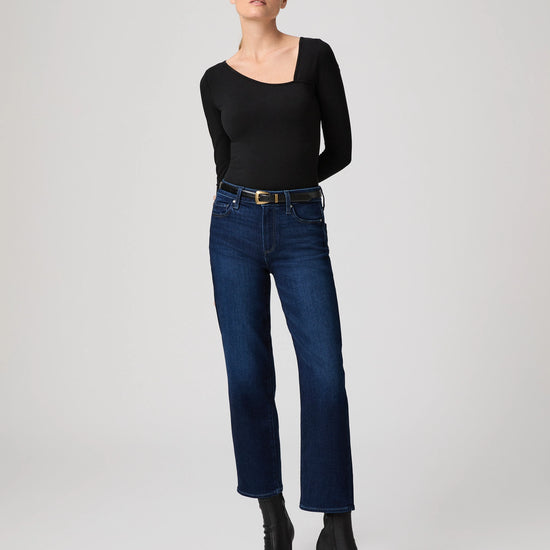 blue ankle length straight leg jeans from paige model shot