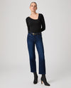 blue ankle length straight leg jeans from paige model shot
