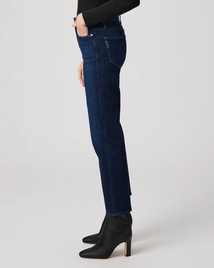 blue ankle length straight leg jeans from paige side view