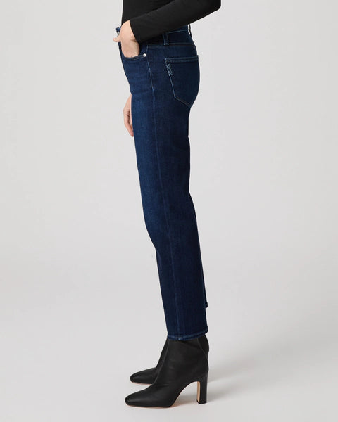 blue ankle length straight leg jeans from paige side view