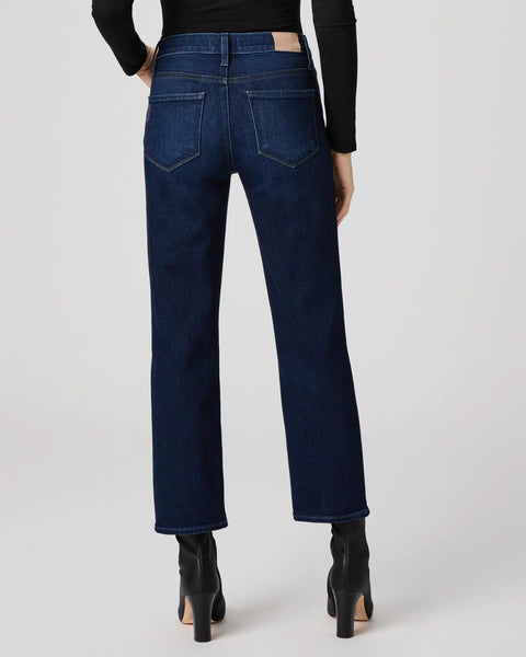 blue ankle length straight leg jeans from paige rear view
