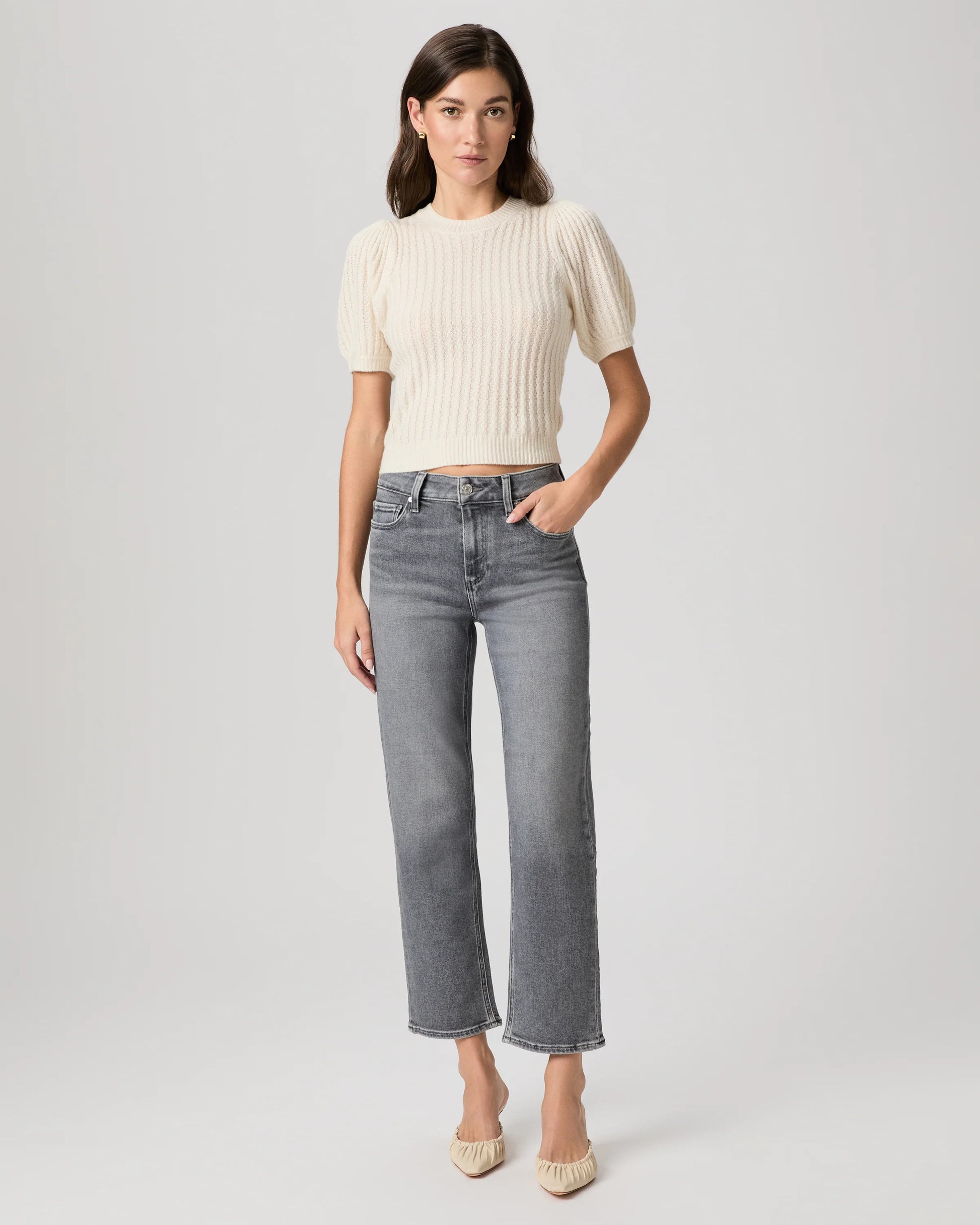 Pale grey ankle length jeans in a straight leg