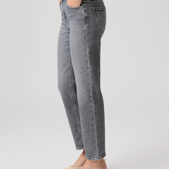 Side view of straight leg grey denim from Paige