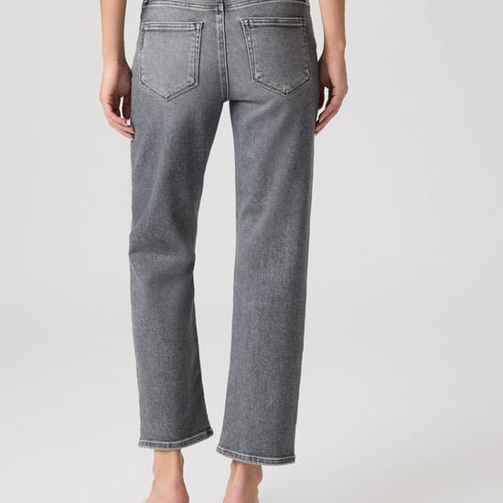 Rear view of grey straight leg denim