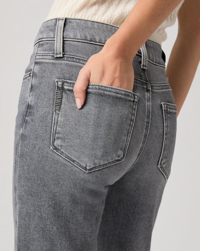 Close up of pocket detail with grey denim