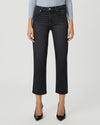 A model wearing a pair of dark charcoal gray cropped jeans, styled with a light blue ribbed long-sleeve top and black pointed-toe heels, against a light gray studio background.