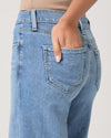 Woman wearing light blue jeans from Paige on a white background close up of pocket