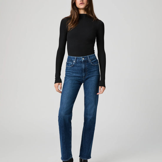 mid blue straight leg jeans worn with black long sleeve tee