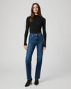 mid blue straight leg jeans worn with black long sleeve tee