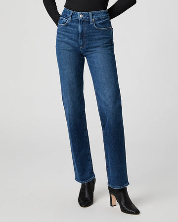 mid blue straight leg jeans worn with black long sleeve tee