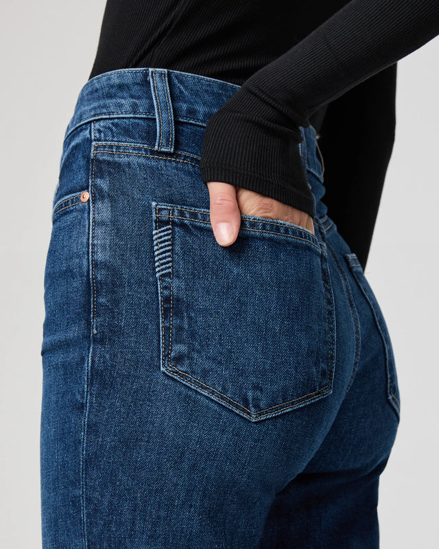 close up pocket detail of blue straight leg jeans