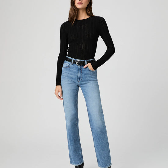  light blue straight leg jeans with high rise model shot