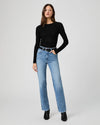  light blue straight leg jeans with high rise model shot