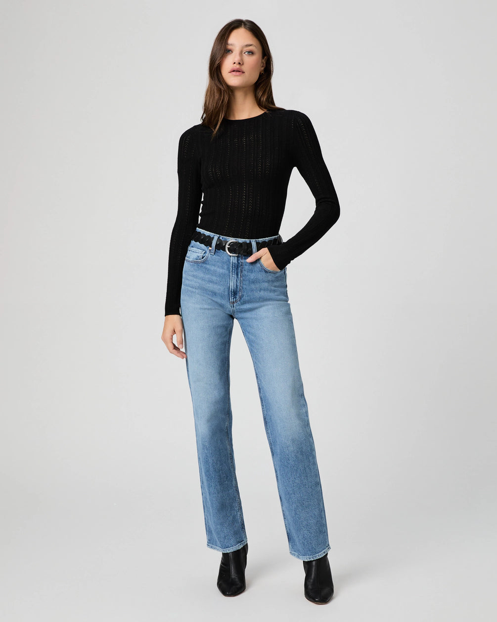  light blue straight leg jeans with high rise model shot