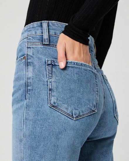 light blue straight leg jeans with high rise close up