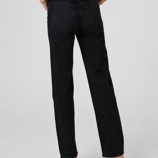 Rear view of black straight leg jeans