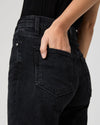close up of pocket detail on black straight leg jeans
