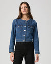 round neck dark blue denim jacket with silver buttons, 2 flap buttoned pockets and cropped fit